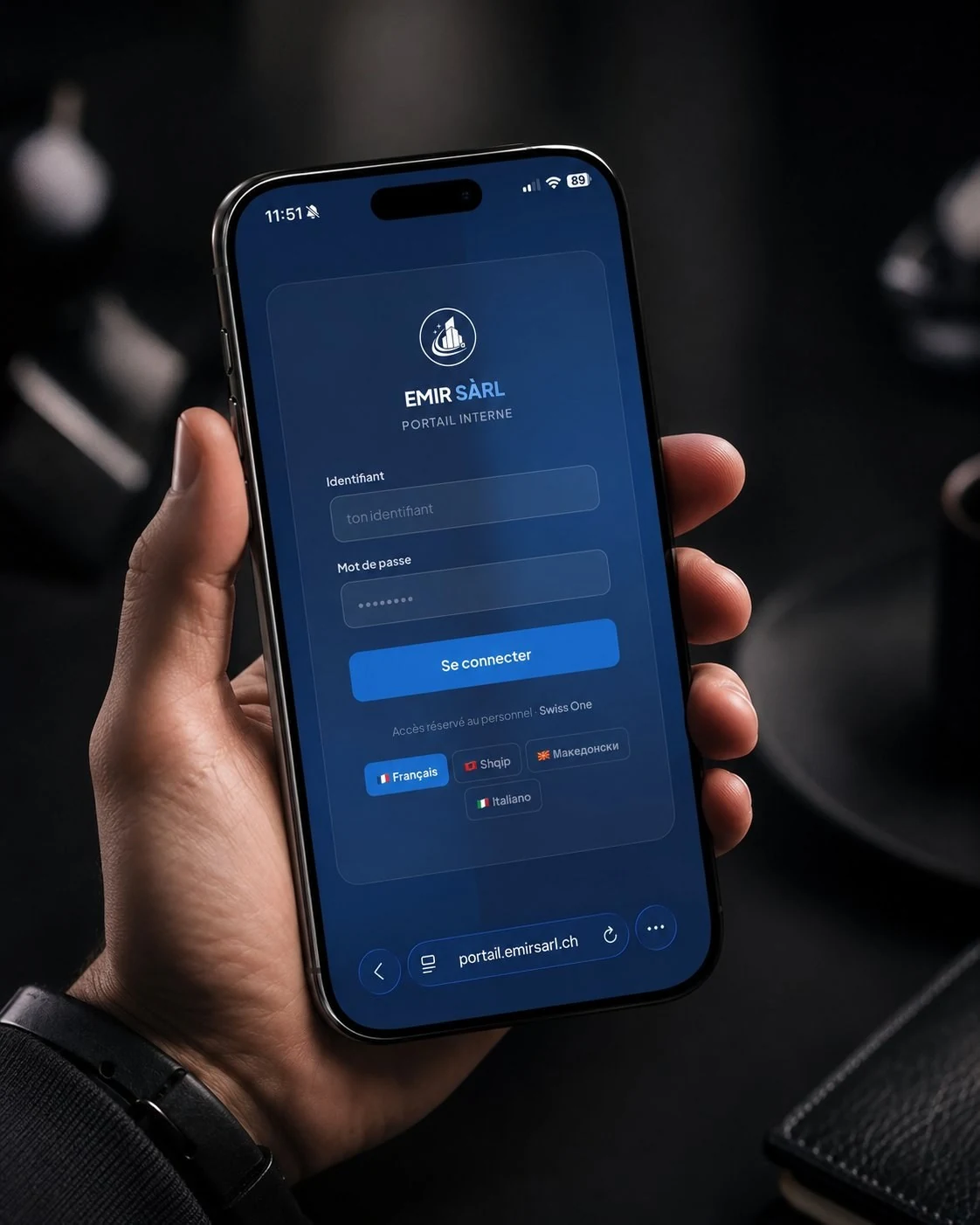 Écran de connexion du portail interne EMIR sur téléphone